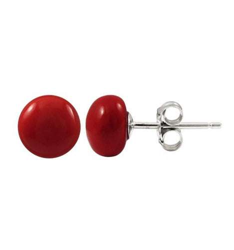 DLF Red 7mm Flat Coin Shell Pearl On Rhodium Plated Sterling Silver Post Stud Red/Silver Earrings