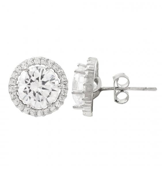 DLF Rhodium Plated Sterling Silver, White Round Circle Post Silver/White Earrings