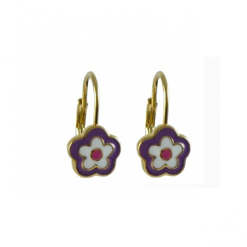 DLF Purple, White, And Hot Pink Enamel Flower-Gold Plated Brass Lever Back Earrings W18