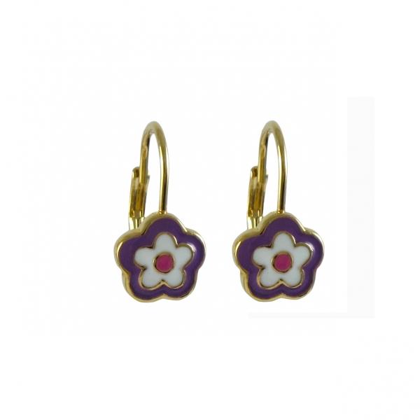 DLF Purple, White, And Hot Pink Enamel Flower-Gold Plated Brass Lever Back Earrings W18