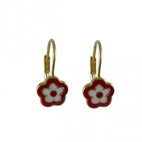 DLF Red And White Enamel Flower-Gold Plated Brass Lever Back Earrings W18