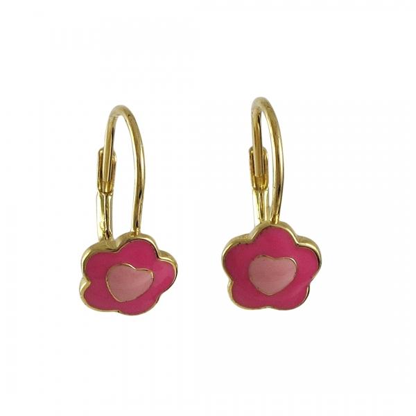 DLF Hot Pink And Light Pink Enamel Flower/Heart-Gold Plated Brass Lever Back Earrings W18