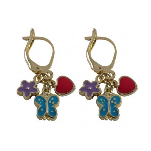 DLF Lavender Flower, Turquoise Butterfly, And Hot Pink Heart On Gold Plated Brass Lever Back Earrings W18