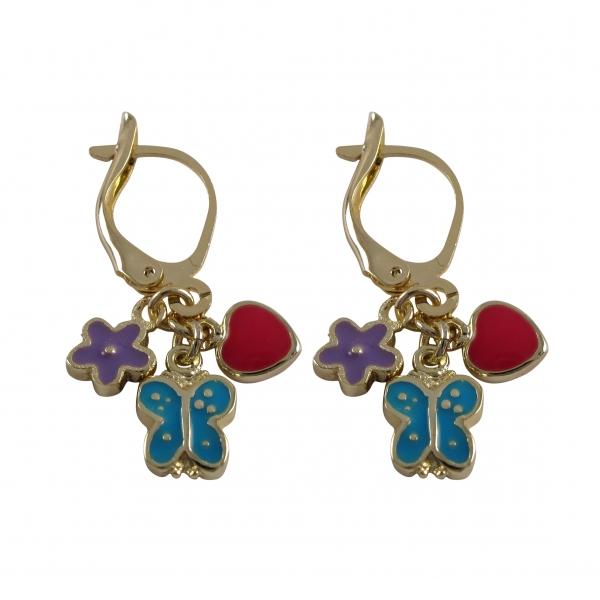 DLF Lavender Flower, Turquoise Butterfly, And Hot Pink Heart On Gold Plated Brass Lever Back Earrings W18