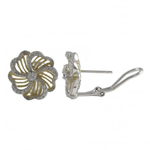 DLF Two Tone Sterling Silver, White Flower Post Clip Stud Earrings W18