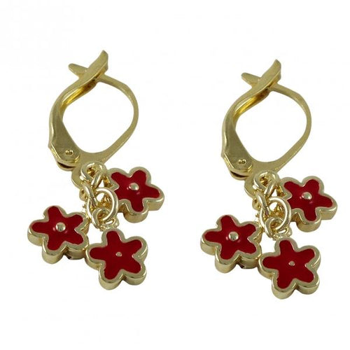 DLF Red Enamel Flowers Dangling On Gold Plated Brass Leverback Earrings W18