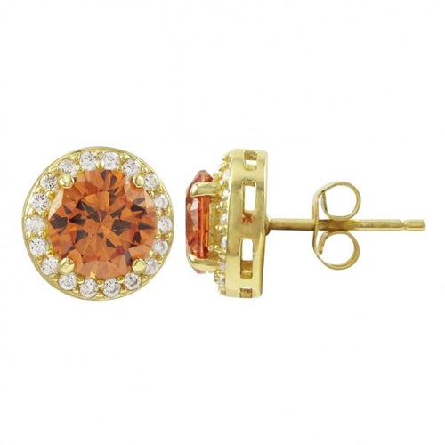 DLF Gold Plated Sterling Silver, 7mm Center Champagne With White Border, 10.2mm Round Circle Post Stud Gold/Champaign Earrings