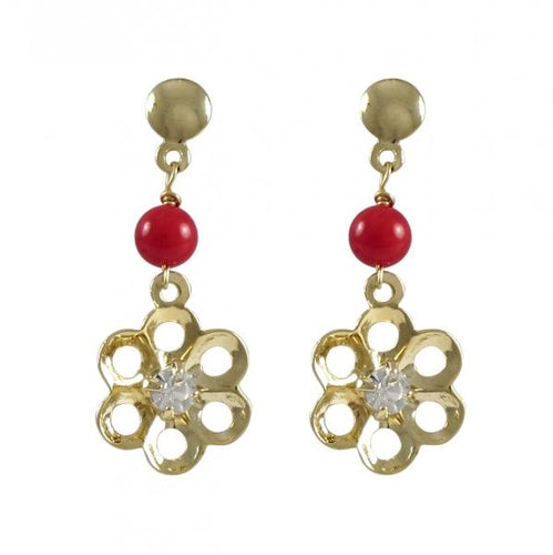 DLF Red Ball And Cutout Flower With White Crystal Center Dangling, Gold Filled Post Earrings W18