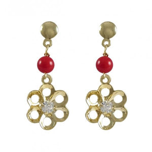 DLF Red Ball And Cutout Flower With White Crystal Center Dangling, Gold Filled Post Earrings W18