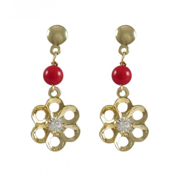 DLF Red Ball And Cutout Flower With White Crystal Center Dangling, Gold Filled Post Earrings W18