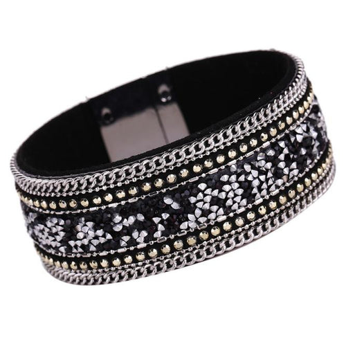 Women Bohemian Crystal Cowhide Bracelets Wrist Chains Black