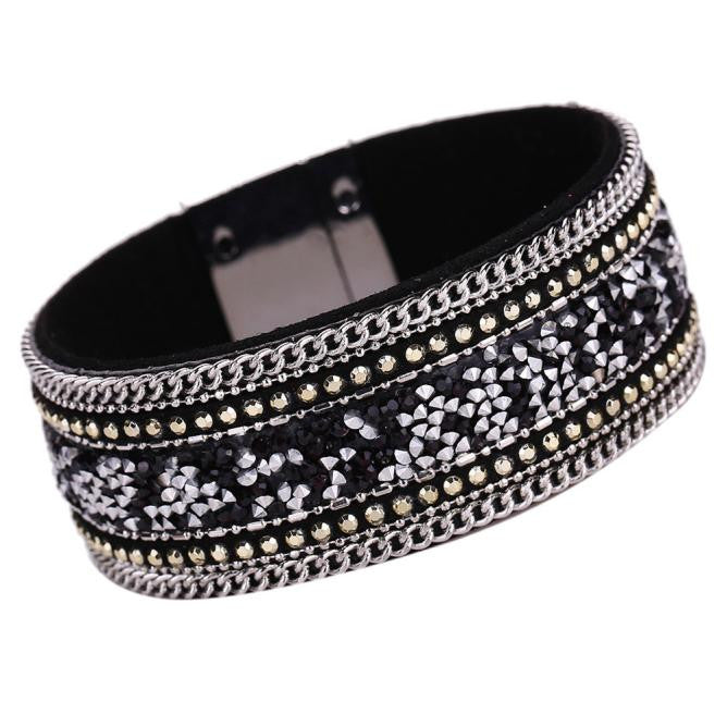 Women Bohemian Crystal Cowhide Bracelets Wrist Chains Black
