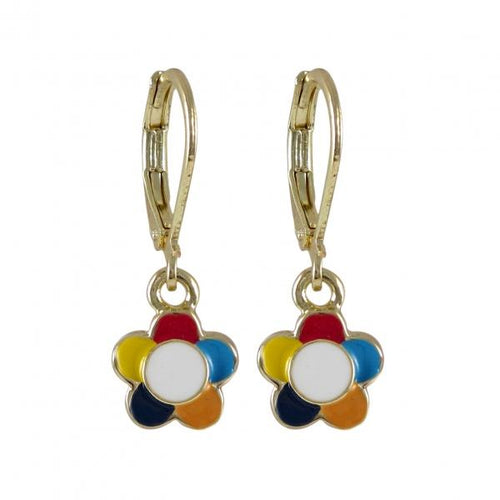 DLF Dark Multi Enamel 9mm Flower Dangling, On Gold Plated Brass Lever Back Earrings W18