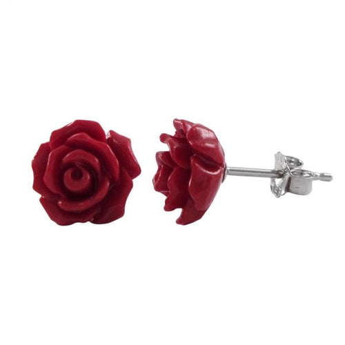 DLF Red 9mm Flower On Rhodium Plated Sterling Silver Post, Stud Earrings W18