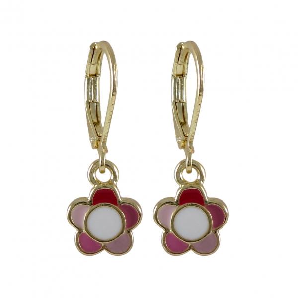 DLF Pink Multi Enamel 9mm Flower Dangling, On Gold Plated Brass Lever Back Earrings W18