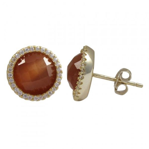 DLF Carnelian Cats Eye Semi Precious Faceted Stone With Border, Gold Plated Sterling Silver, 11.5mm Round Circle Post Stud Carnelian/Gold Earrings