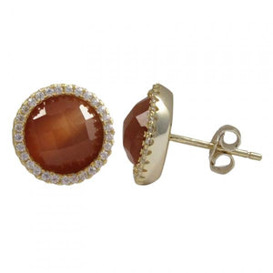 DLF Carnelian Cats Eye Semi Precious Faceted Stone With Border, Gold Plated Sterling Silver, 11.5mm Round Circle Post Stud Carnelian/Gold Earrings