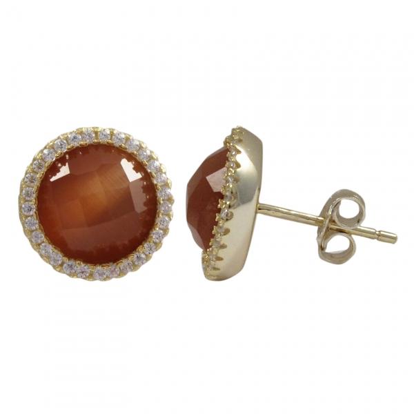 DLF Carnelian Cats Eye Semi Precious Faceted Stone With Border, Gold Plated Sterling Silver, 11.5mm Round Circle Post Stud Carnelian/Gold Earrings