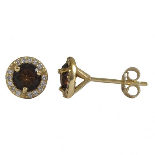 DLF Smoky 5mm Round With White Border, Gold Plated Sterling Silver 8mm Round Post Stud Gold/Smoky Earrings