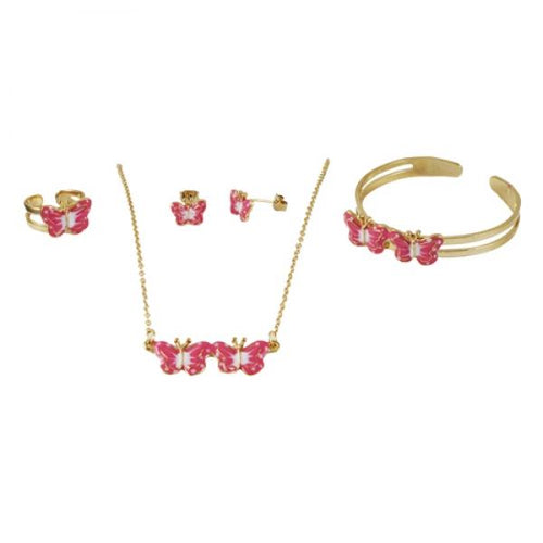 DLF Gold Tone Brass Bangle, Necklace, Ring & Earring Childrens Set With Pink (Rose) Enamel Butterflies
