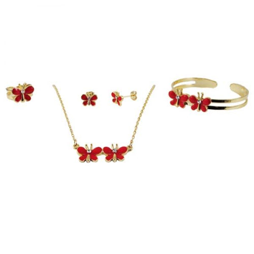DLF Red Enamel Butterfly Gold Brass Necklace, Earring, Bracelet & Ring Set