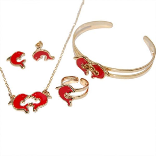 DLF Red & Gold Brass Dolphin, Necklace, Bracelet & Earrings Set