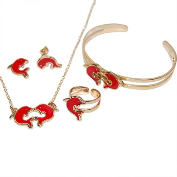 DLF Red & Gold Brass Dolphin, Necklace, Bracelet & Earrings Set