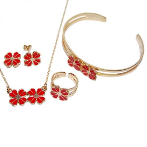DLF Red & Gold Brass 4 Leaf Clover, Necklace, Bracelet & Earrings Set
