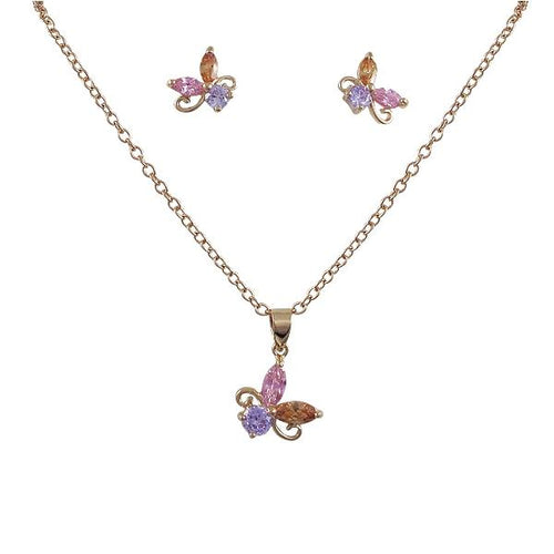 DLF Multi Colored Crystal, Rose Gold Post Earings & Pendant Set Brass