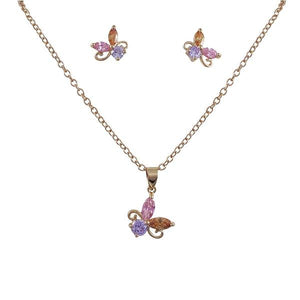 DLF Multi Colored Crystal, Rose Gold Post Earings & Pendant Set Brass