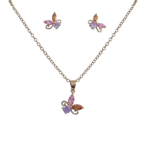 DLF Multi Colored Crystal, Rose Gold Post Earings & Pendant Set Brass