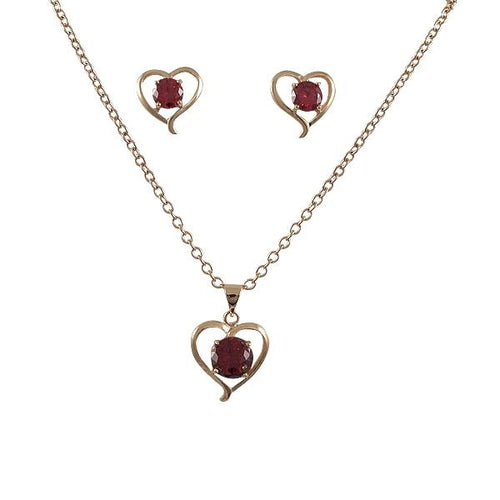 DLF Rose Gold Heart Post Earing And Pendant Set With Red Crystal, Brass