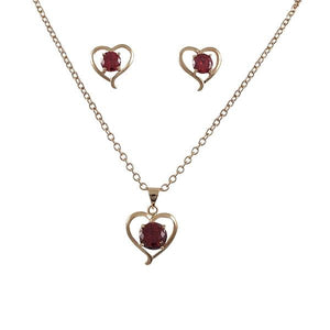 DLF Rose Gold Heart Post Earing And Pendant Set With Red Crystal, Brass