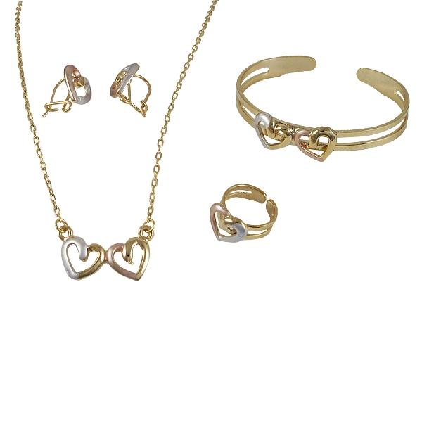 DLF Gold Colored Brass Bangle, Necklace, Ring & Earing Set WIth Tri Color Heart