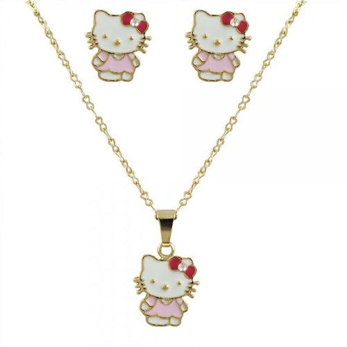 DLF Multi Color Kitty Enamel & Gold Plated Brass - Post Earrings And Necklace Set