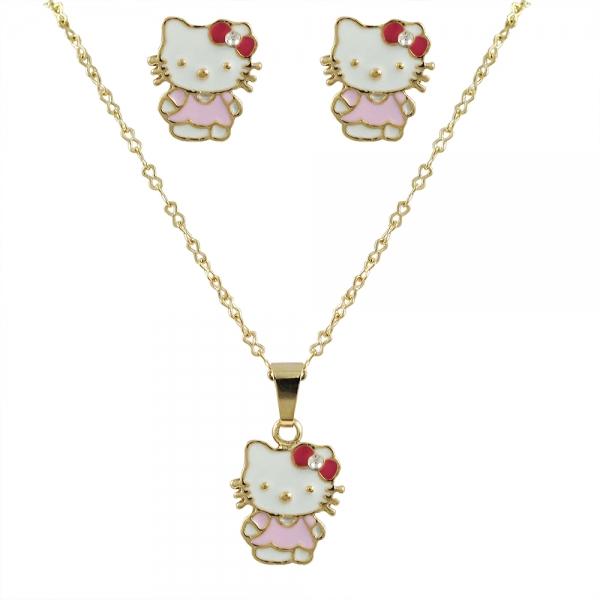 DLF Multi Color Kitty Enamel & Gold Plated Brass - Post Earrings And Necklace Set
