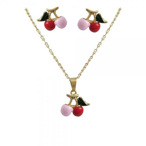 DLF Pink/Red Enamel & Gold Plated Brass Cherry - Post Earrings And Necklace Set
