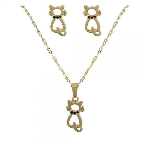 DLF Gold Cat With Black Enamel Dots Post Earrings & Necklace Set Brass