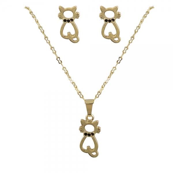 DLF Gold Cat With Black Enamel Dots Post Earrings & Necklace Set Brass