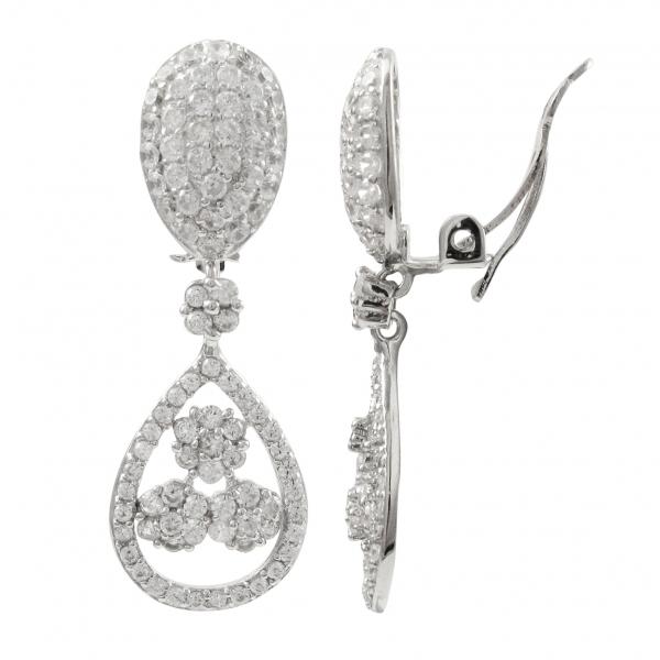 DLF Rhodium Plated Sterling Silver White, Dangling Teardrop With Flowers W17