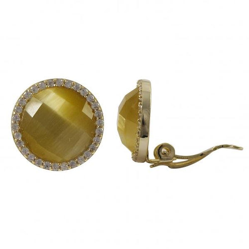 DLF Citrine Cat's Eye Semi Precious Faceted Stone With Border, Gold Plated Sterling Silver 15mm Round Stud Clip Gold/Citrine Earrings