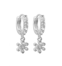Load image into Gallery viewer, DLF Rhodium Plated Sterling Silver Dangling Flower Huggie Earrings W18
