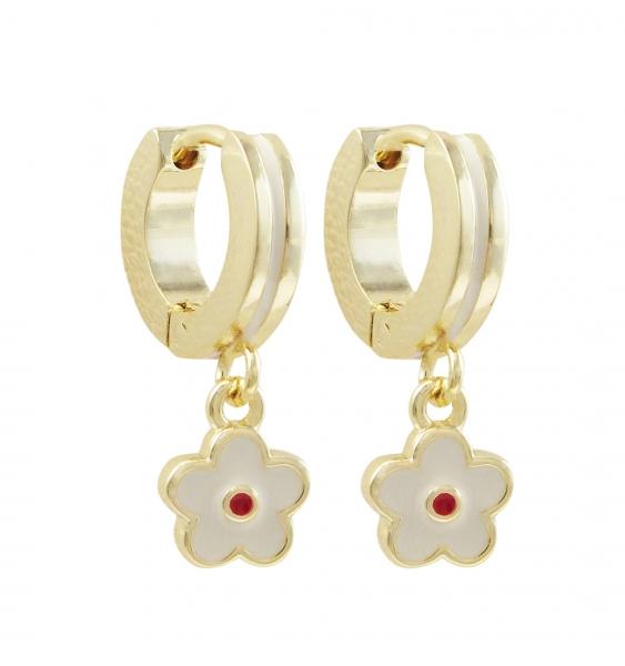DLF White And Red Enamel Flower, Gold Plated Surgical Steel Huggie Hoop Earrings With White Enamel W17