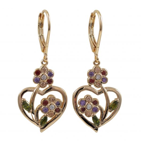 DLF Rose Plated Brass, Open 15x15mm Heart, Multi Color CZ Flower Design, Lever Back Earrings W18