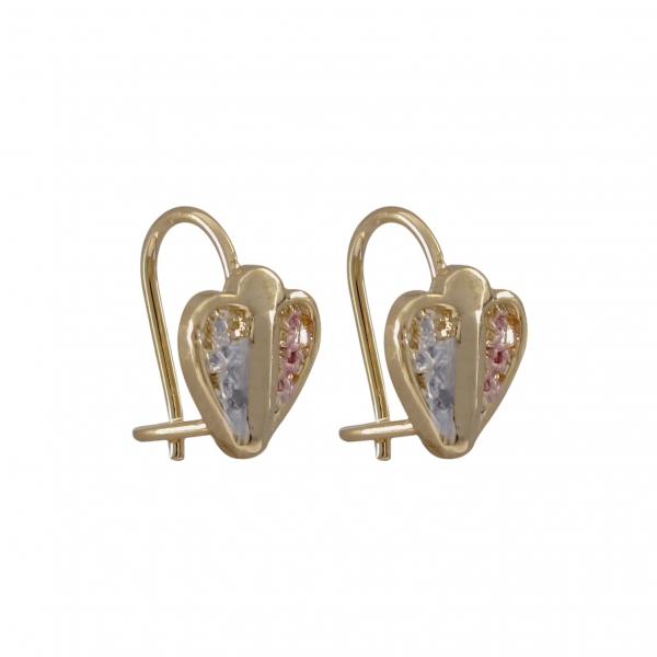 DLF Pink & White Filagree Heart, Gold Tone Brass Wire Earrings W18
