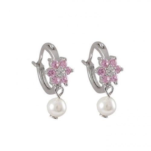 DLF Pink Flower On Rhodium Plated Sterling Silver Huggie Earrings, With 4mm White Pearl W18