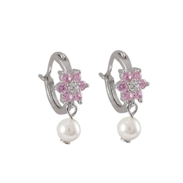DLF Pink Flower On Rhodium Plated Sterling Silver Huggie Earrings, With 4mm White Pearl W18