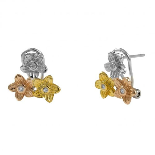 DLF Tri Color Flowers Sterling Gold/Silver/Rose Gold Post Clip Earrings W18