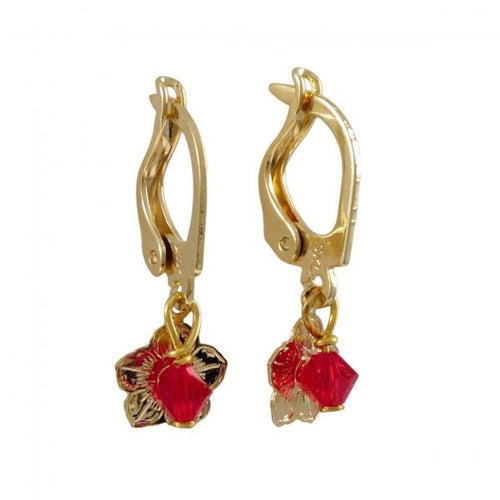 DLF Gold Filled Lever Back Earrings With Gold Filled Flower And Red 4mm Swarovski Bead W18