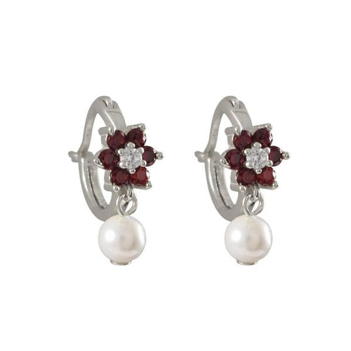 DLF Ruby Flower On Rhodium Plated Sterling Silver Huggie Earrings, With 4mm White Pearl Dangling W18
